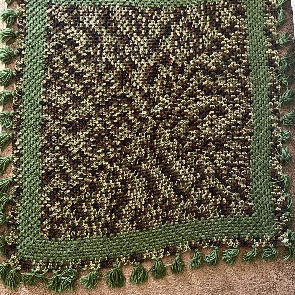 Handmade Green & Olive Crochet Throw with Tassels 45X45